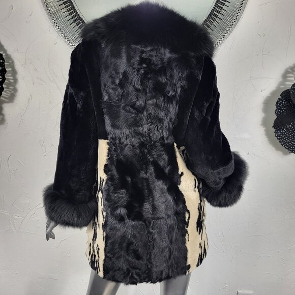 DIAGRAM~XS~BLACK ANIMAL PRINT GENUINE FOX FUR REAL CURLY LAMB MINK RABBIT COAT - Picture 13 of 16